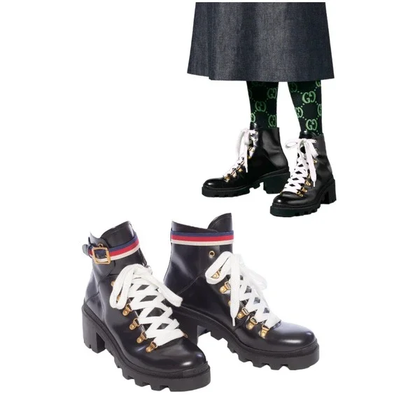 Gucci Shoes Gucci Magnum Calf Web Sylvie Lace Up Black Boots